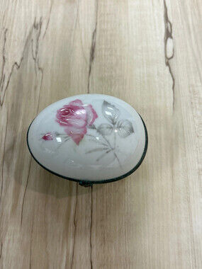 vintage Limoges porcelain egg-shaped trinket boxes featuring hand-painted pink r